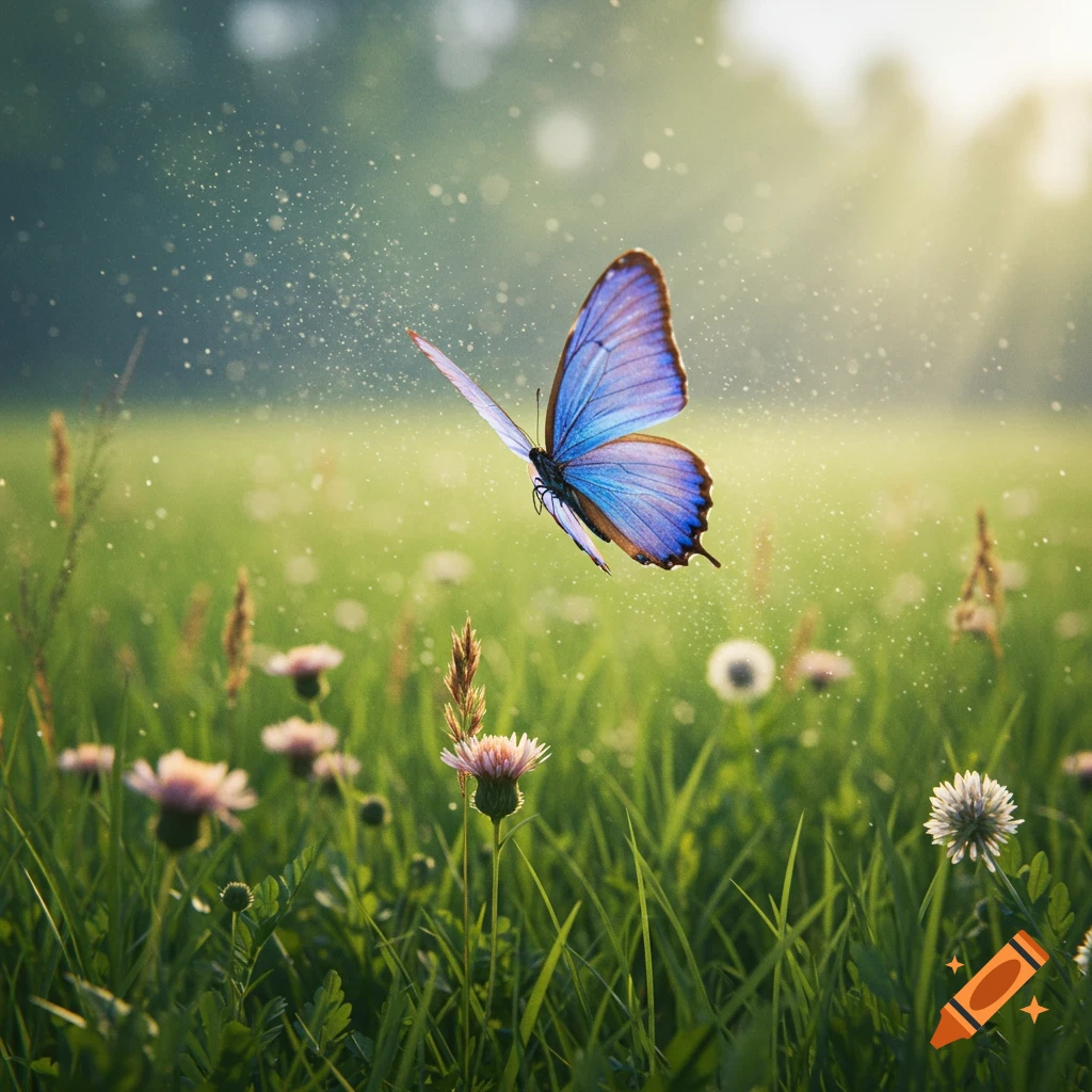 A blue and purple butterfly with open wings floats above a green meadow dotted with wildflowers, illuminated by soft sunlight and sparkling dust.