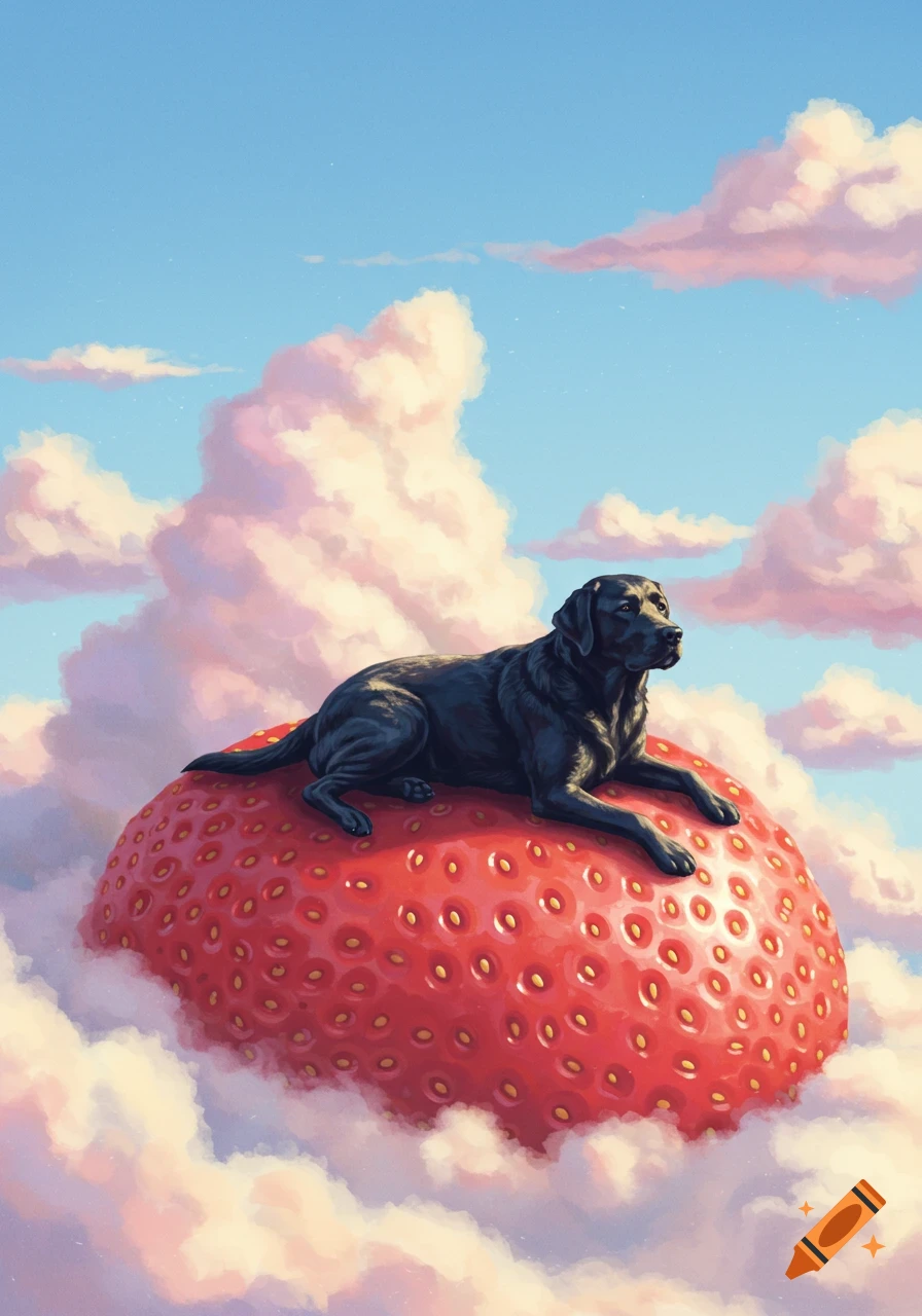 A black labrador dog rests on a giant red strawberry, floating amidst fluffy pink clouds in a bright blue sky, in an illustrative style.