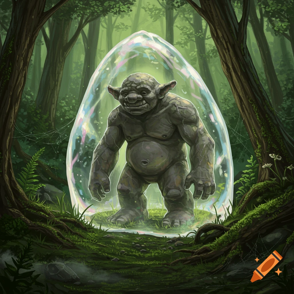 A stone-skinned troll stands inside a shimmering bubble in a lush, sunlit green forest.