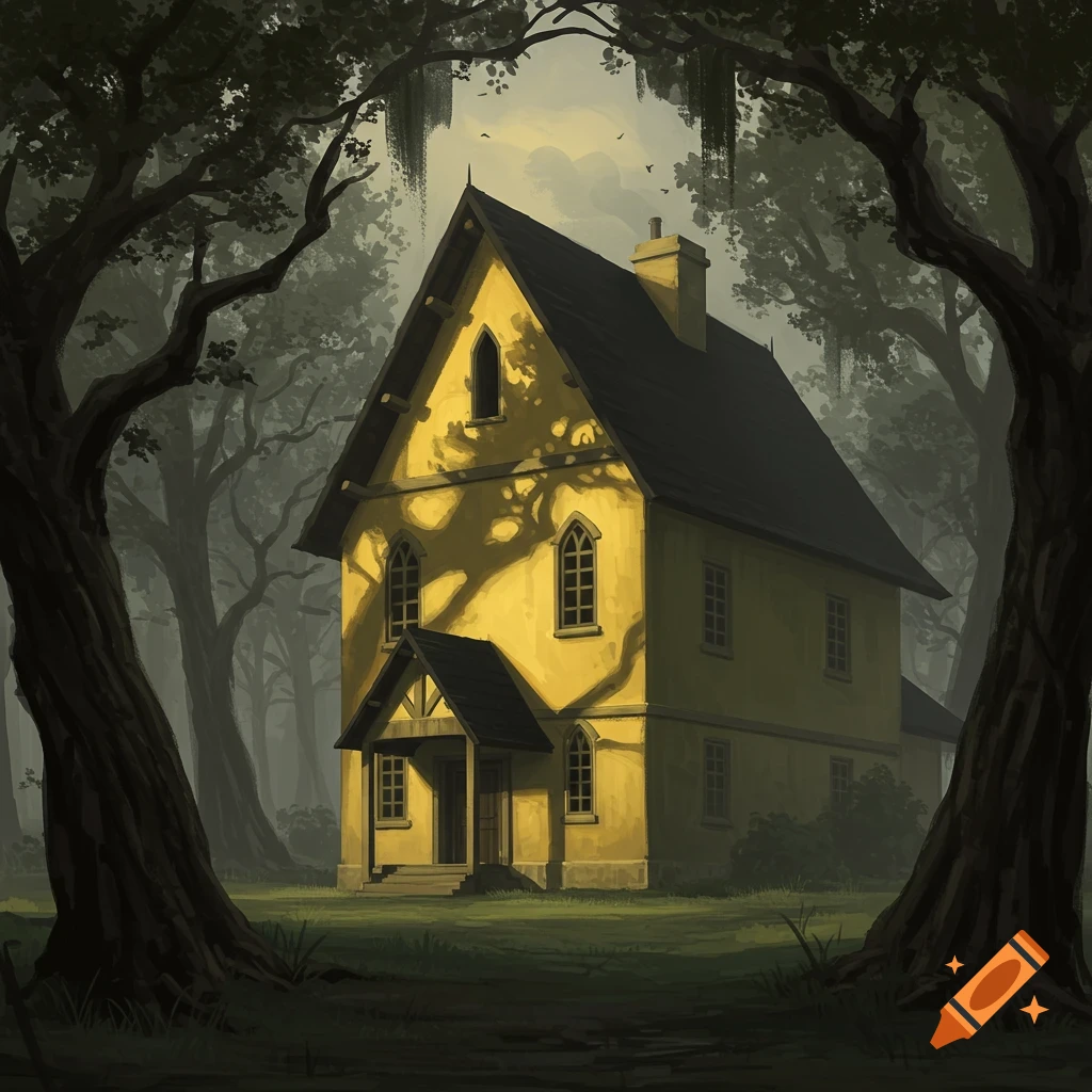 A dark, illustrative painting of a gloomy yellow house with a steep black roof, surrounded by large, shadowed oak trees.