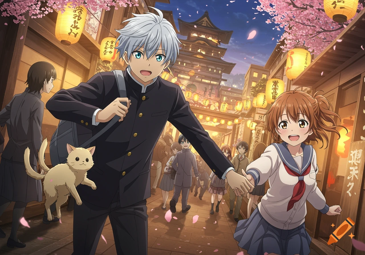 An anime boy and girl, in school uniforms, hold hands and run through a Japanese street adorned with cherry blossoms and lanterns, with a cat walking beside them.