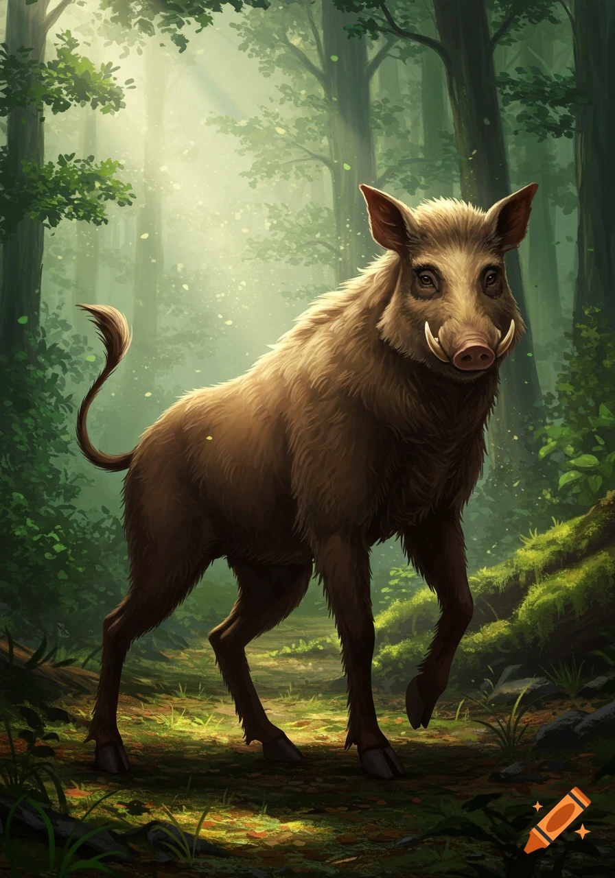 A wild boar with a curly tail stands in a mystical, sunlit forest.
