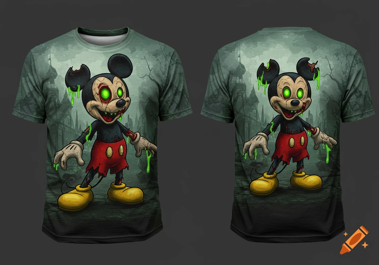 Front and back views of a dark green t-shirt featuring a creepy zombie Mickey Mouse with glowing green eyes and slime, against a gloomy background.