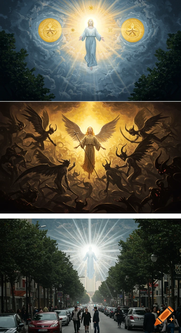 A vertical triptych showing a celestial figure in the sky, an angel fighting stylized demons, and a glowing figure hovering above a modern city street.