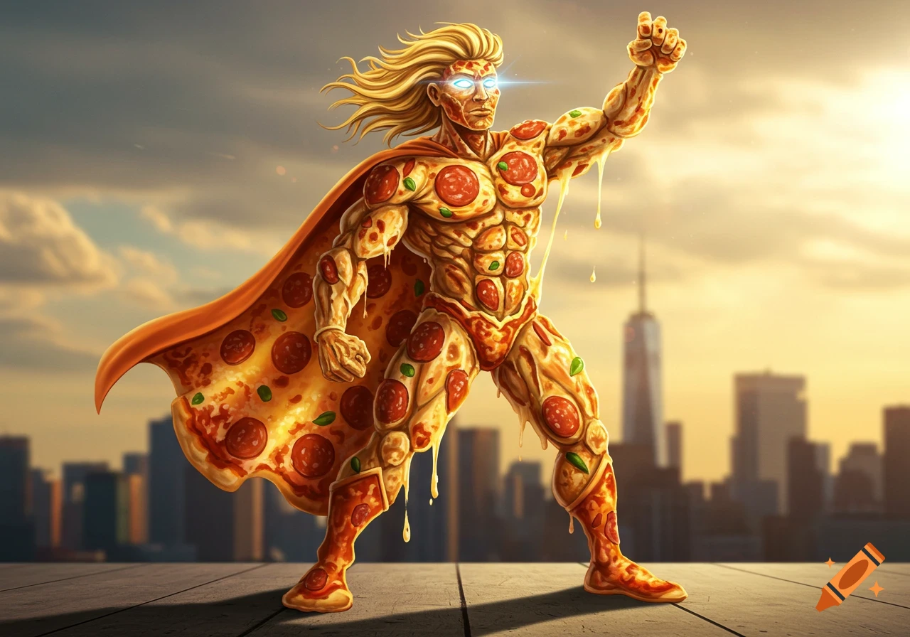 A muscular pizza superhero with blond hair, glowing eyes, and a pepperoni cape stands heroically on a rooftop overlooking a city at sunset.