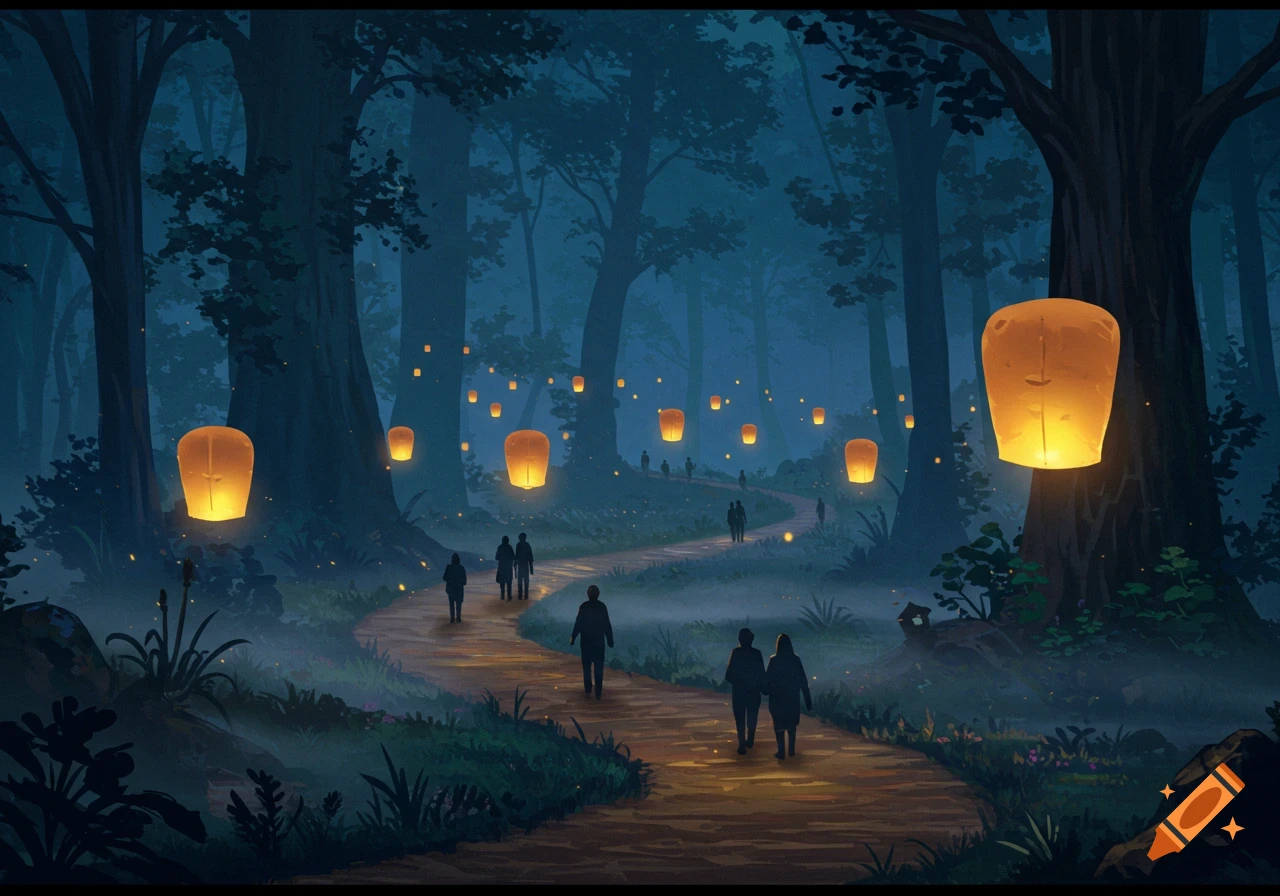 A stylized illustration of a winding path through a dark forest at night, with glowing orange lanterns floating above and silhouetted people walking.