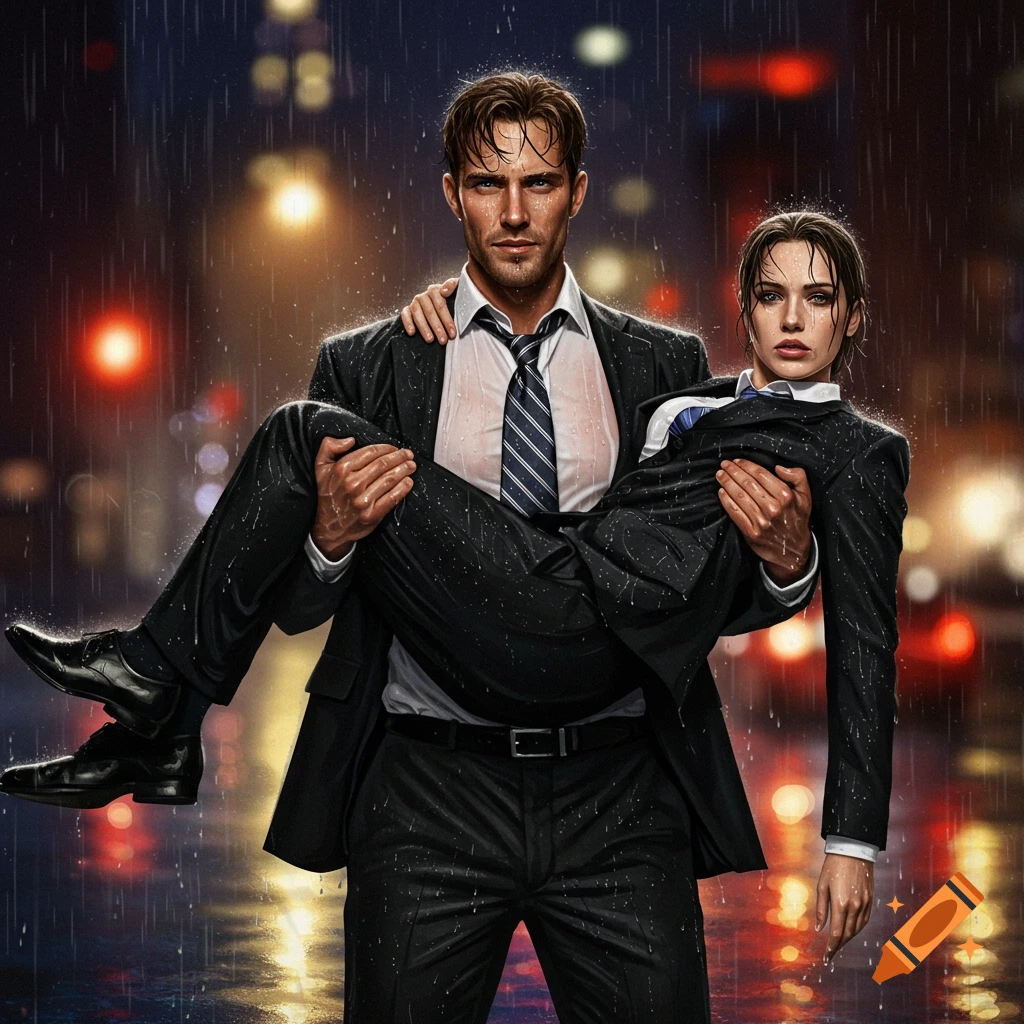A photorealistic image of a man in a wet suit carrying a woman in a wet suit through a rainy city street at night.