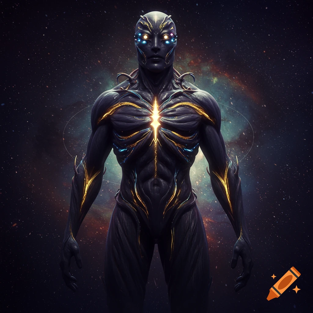 A cosmic humanoid being with iridescent dark skin, glowing veins, and multiple eyes stands in a swirling starfield.