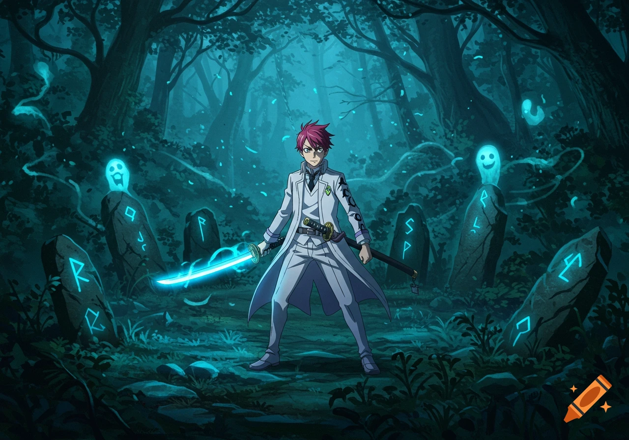 An anime character with red hair and a white suit stands in a glowing mystical forest, holding a neon blue katana.