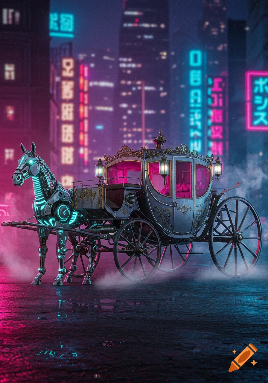A cybernetic horse with glowing blue lights pulls an ornate, glowing pink carriage through a neon-lit, wet cyberpunk city at night.