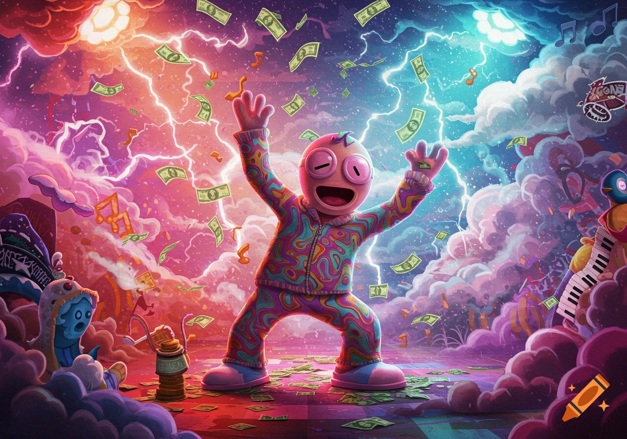 A pink, bug-eyed cartoon character in a colorful patterned suit celebrates with arms raised as money and musical notes fall from a vibrant, stormy, surreal sky.
