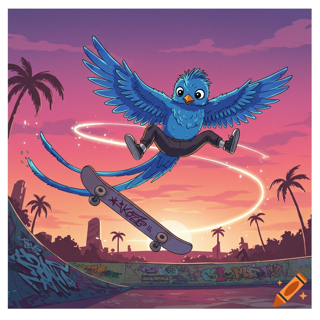 A blue cartoon bird wearing pants does a kickflip on a skateboard in a skatepark at sunset.