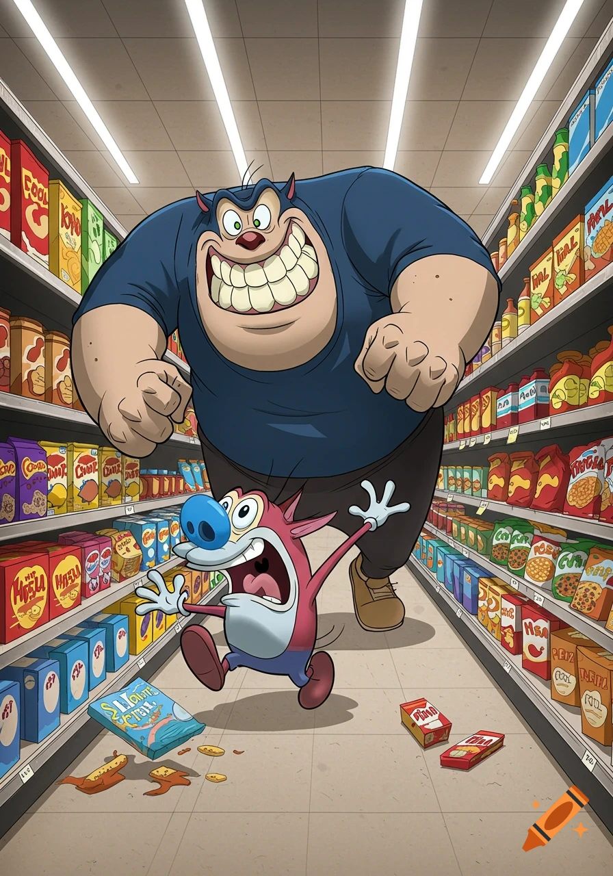 Stimpy from Ren and Stimpy runs in terror down a grocery store aisle, being chased by a grinning Pete the Bully.