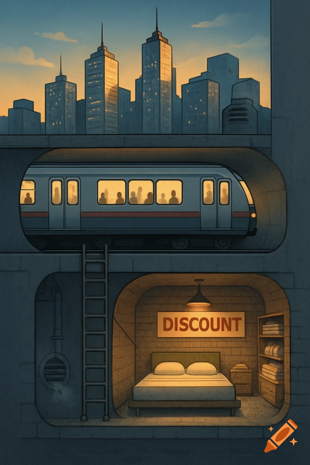 A cross-section illustration of a city with tall buildings, an underground subway, and a room with a bed and a "DISCOUNT" sign.