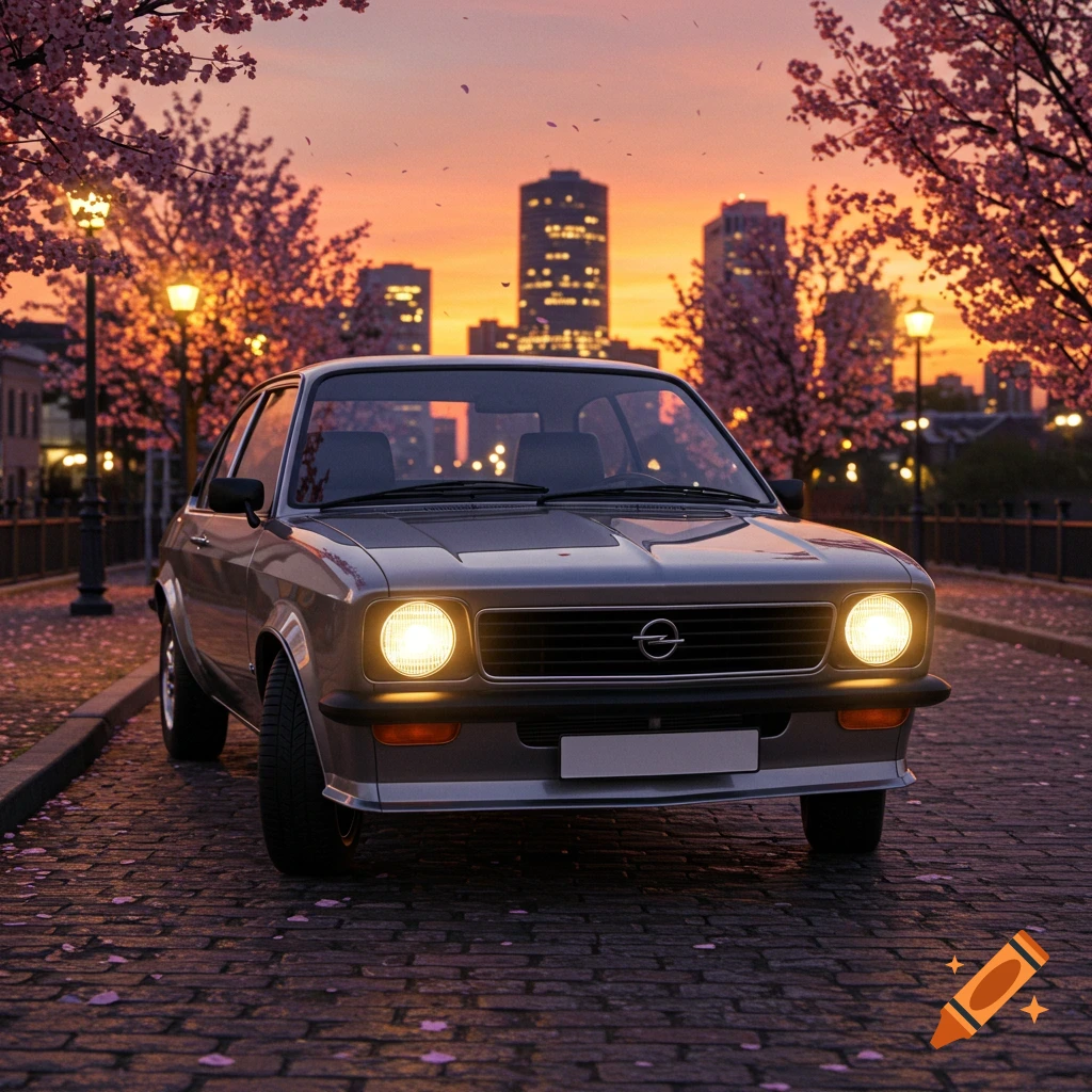 A gray Opel Kadett E car on a cobblestone street with cherry blossoms, against a city skyline at sunset. Photorealistic.