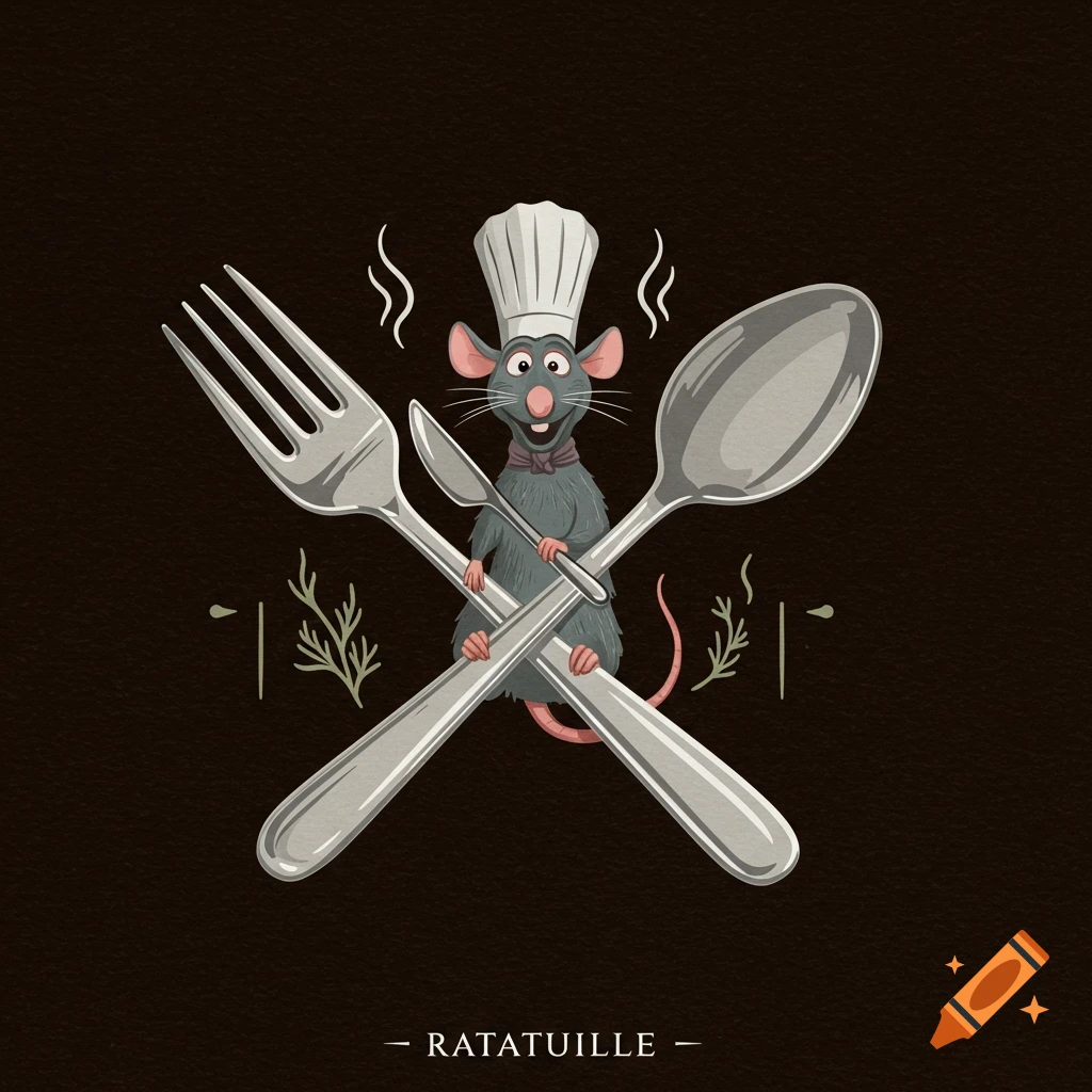 A cartoon chef rat (Remy from Ratatouille) stands between a crossed fork and spoon, holding a knife, with the word RATATOUILLE below on a dark background.