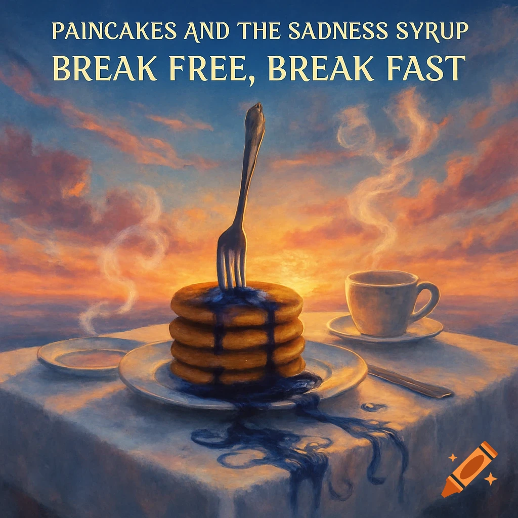 An artistic album cover for 'Paincakes and the Sadness Syrup - Break Free, Break Fast' featuring a stack of pancakes with dark syrup and a fork sticking out, a cup, and a plate on a table at sunrise.