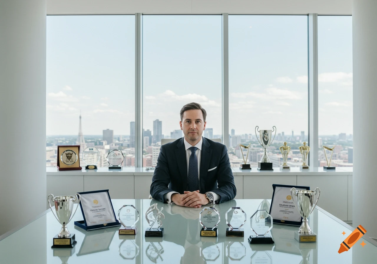 A professional man in a suit sits at a desk with numerous trophies and awards, overlooking a city skyline from a modern office.