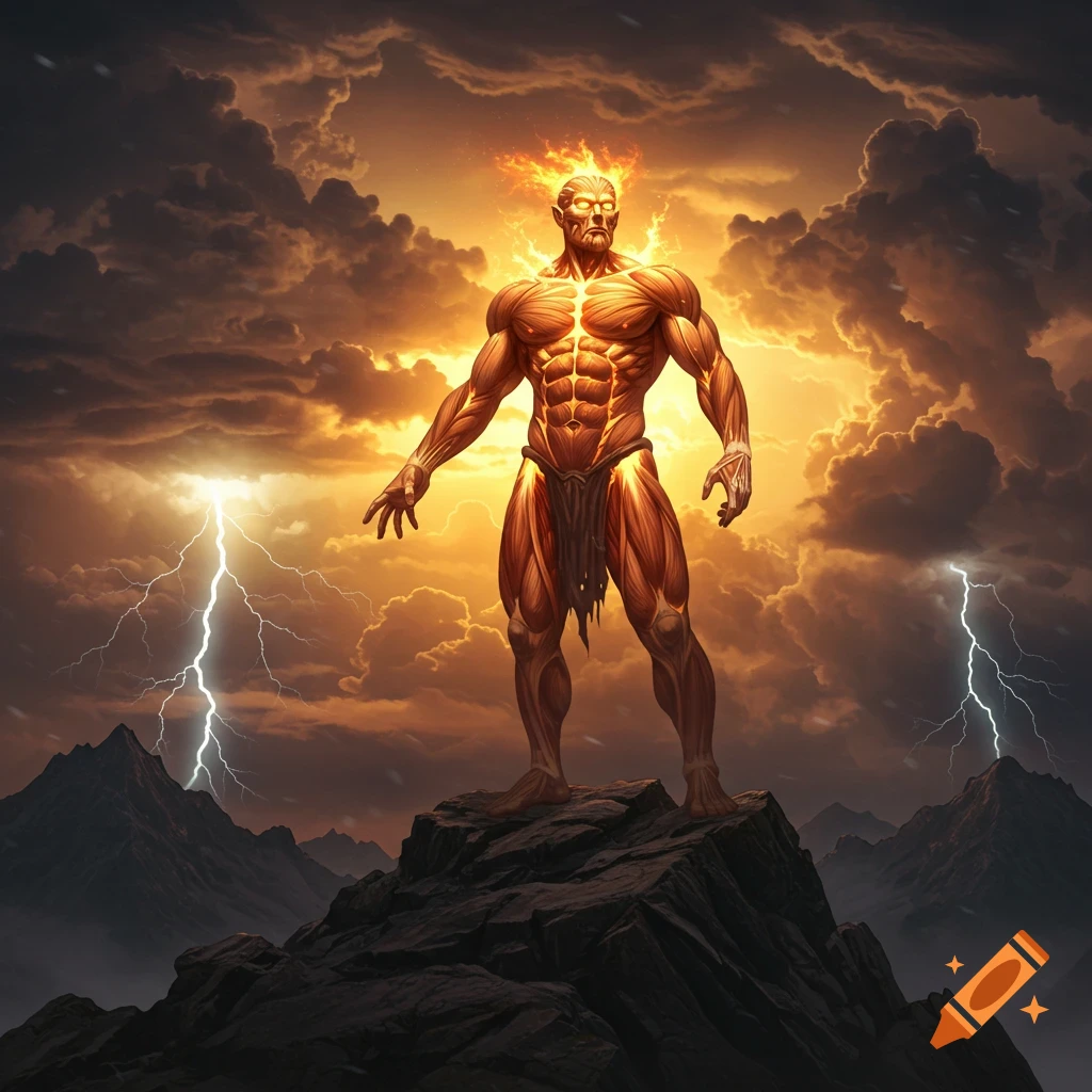 A muscular, flaming figure stands on a mountain peak under a stormy sky with lightning strikes, digital art.
