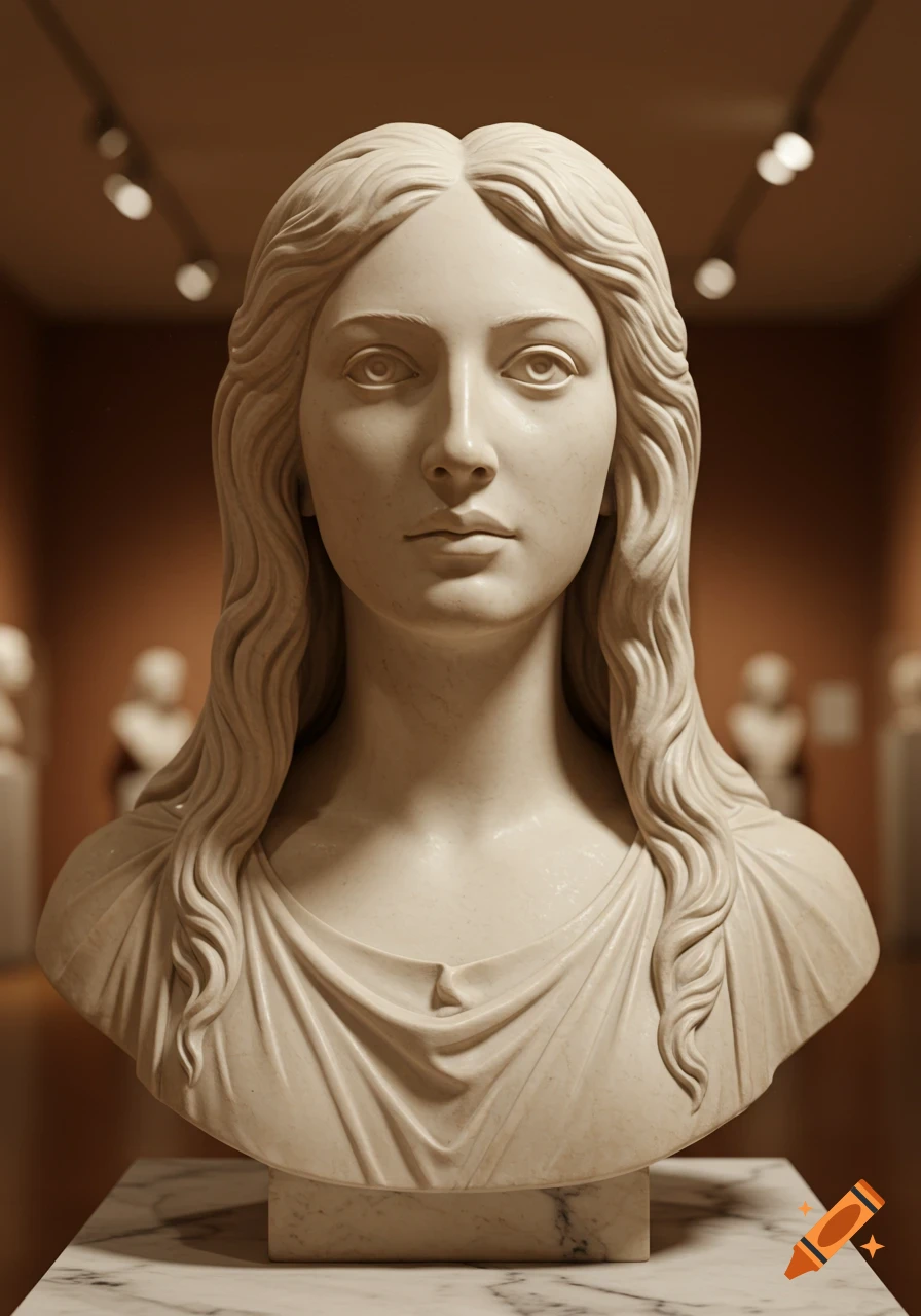 A detailed marble bust of a woman with long, flowing hair and a draped garment, set in a museum.