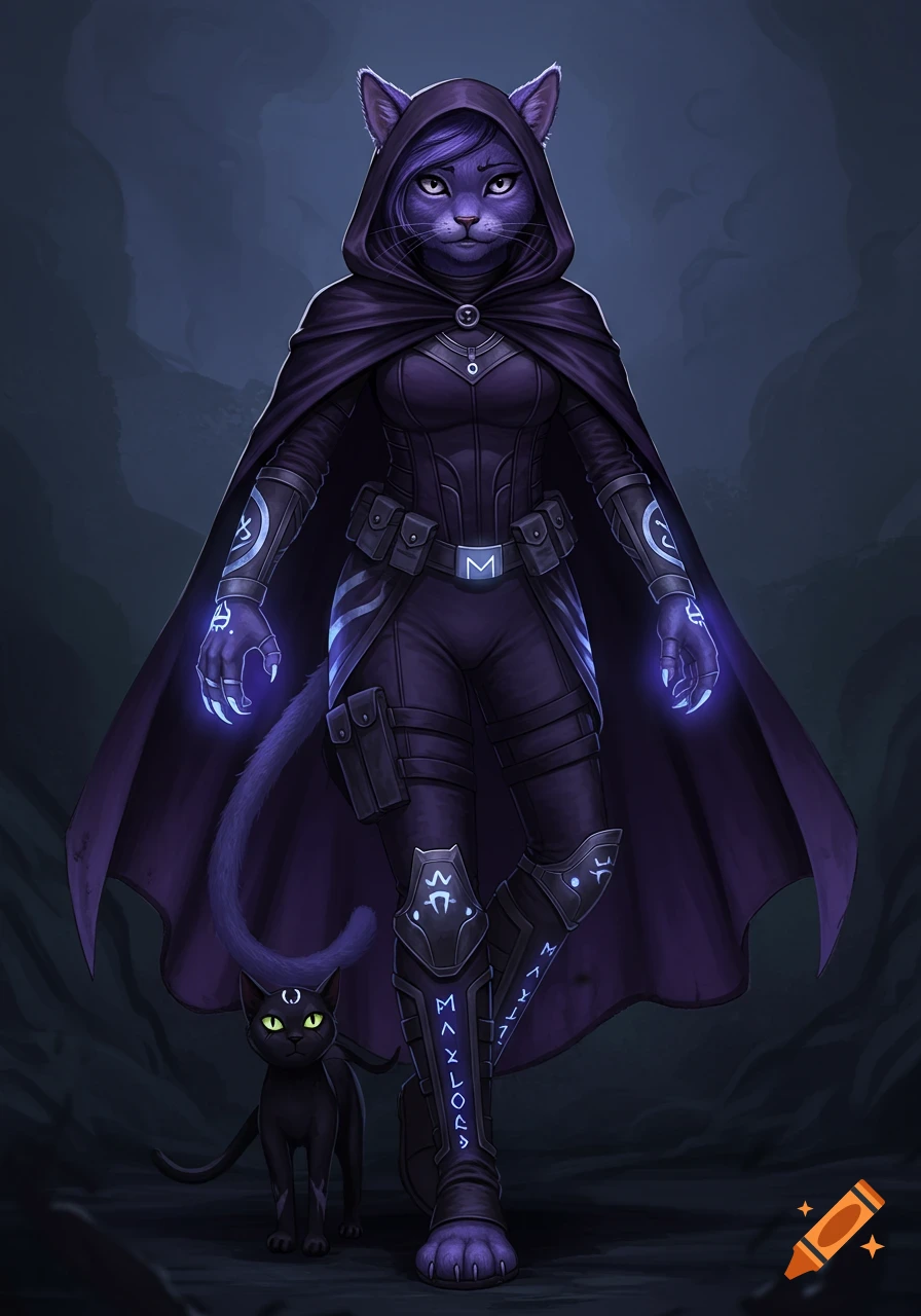 A purple anthropomorphic cat hero in a dark hooded suit and cape, with glowing blue runes, stands next to a small black cat.