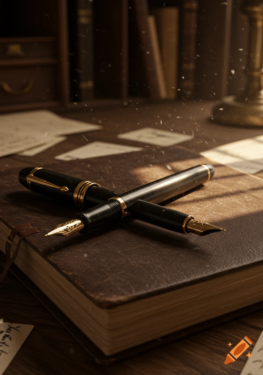 Two black and gold fountain pens rest on a worn leather-bound book on a wooden desk, bathed in warm light.