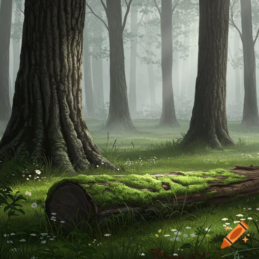 A misty forest with tall trees and a moss-covered log on the green forest floor, illuminated by soft light.