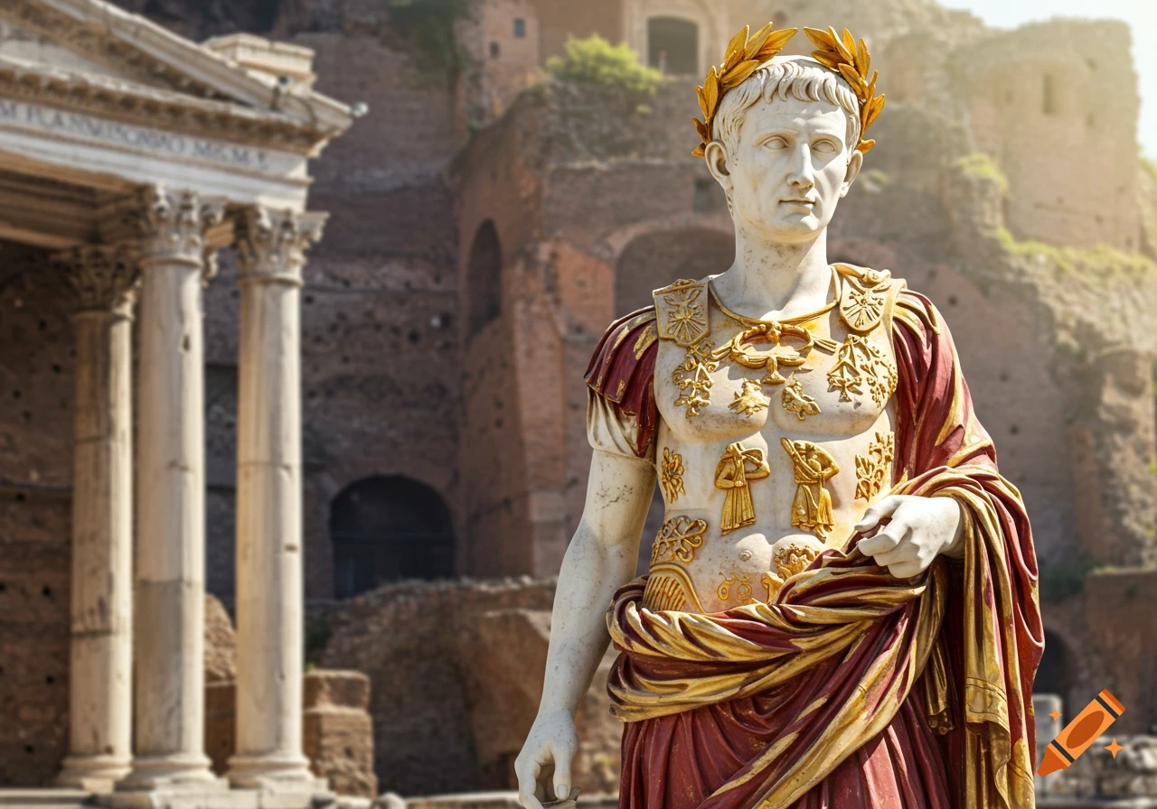 A white marble statue of a Roman emperor wearing a golden laurel wreath, red and gold armor, and a toga stands before ancient Roman ruins.