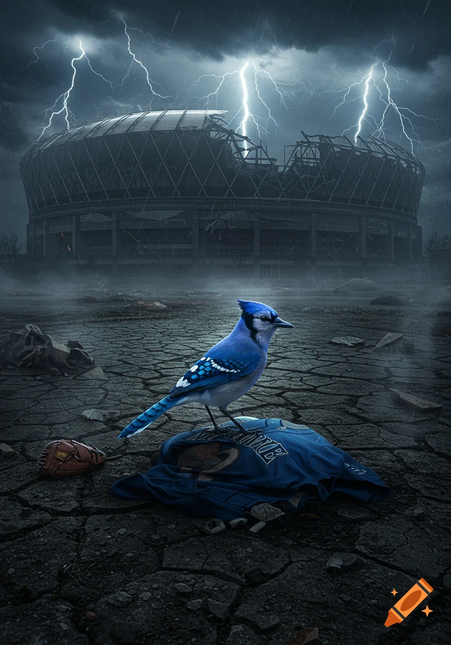 A blue jay stands on a blue jersey and baseball glove on cracked ground, with a ruined stadium and lightning in a stormy, gothic sky.