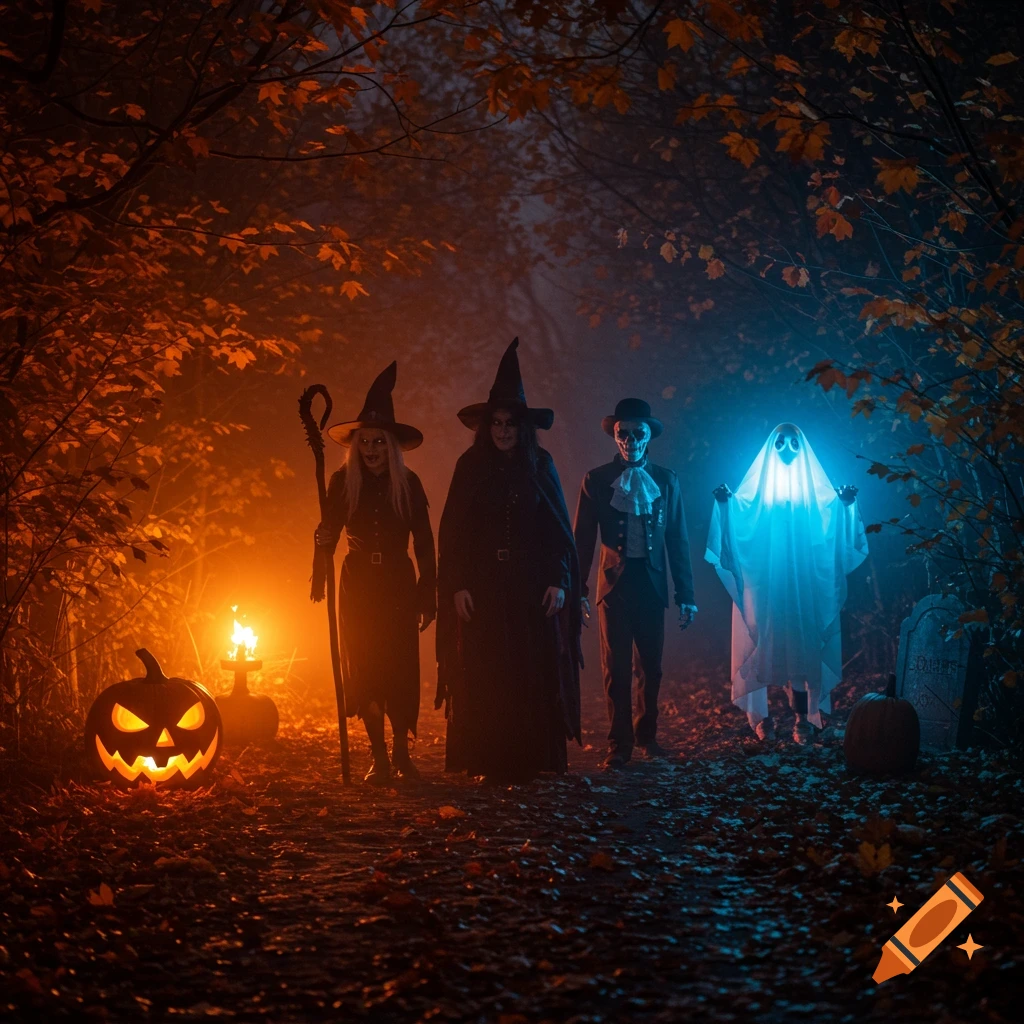 Four Halloween characters: two witches, a skeleton, and a ghost, walk through a dark, foggy autumn forest lit by glowing pumpkins and eerie blue and orange light.