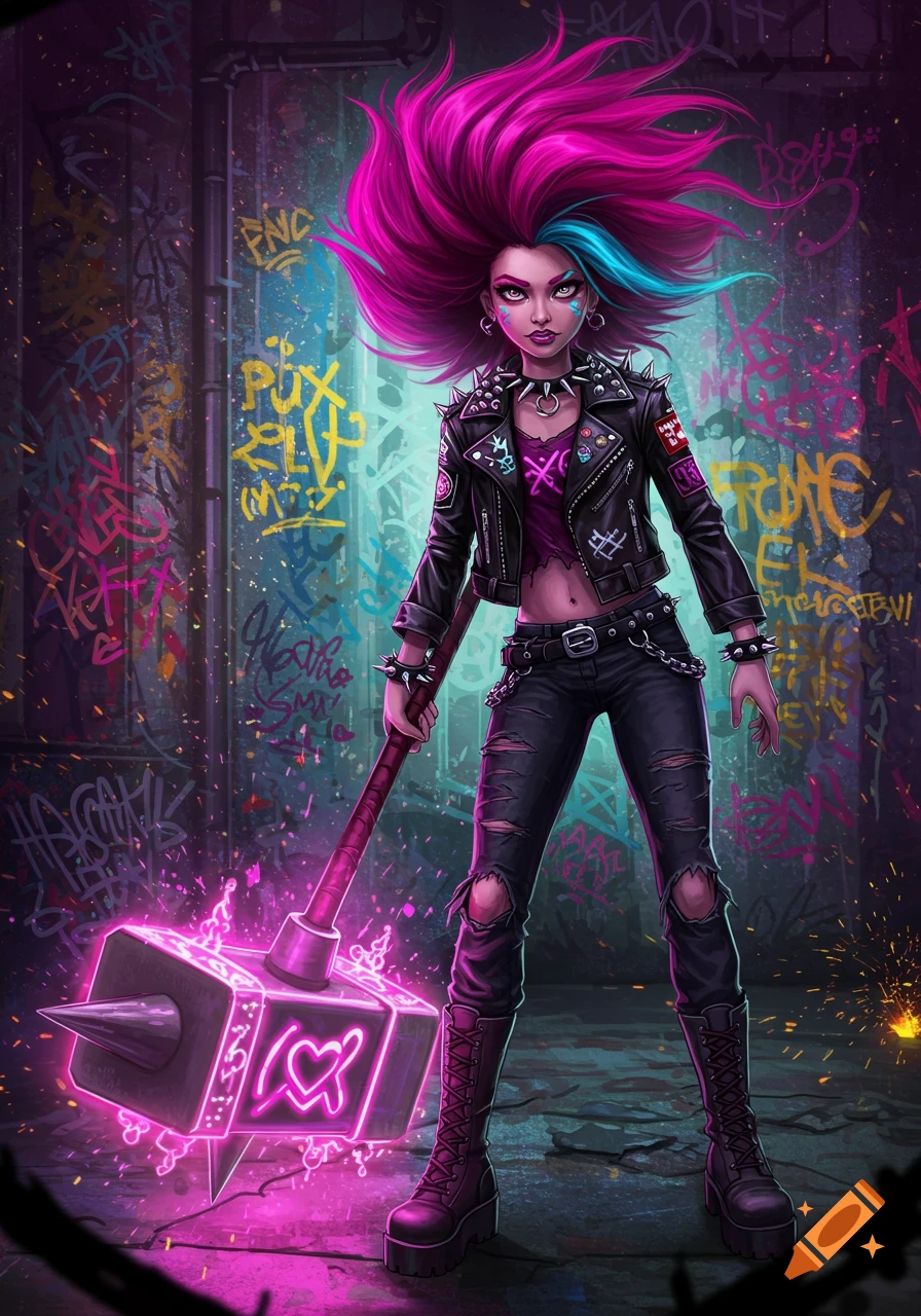 A punk rock magical girl with vibrant pink and blue hair, wearing a studded leather jacket, holding a glowing spiked hammer in a graffiti-covered alley.