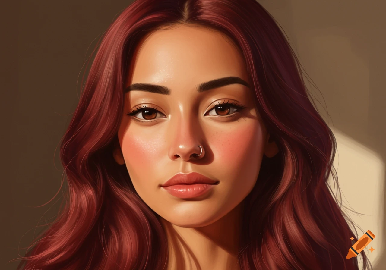 Digital art portrait of a woman with long red wavy hair, brown eyes, a nose ring, rosy cheeks, and pink lips, bathed in soft warm light.