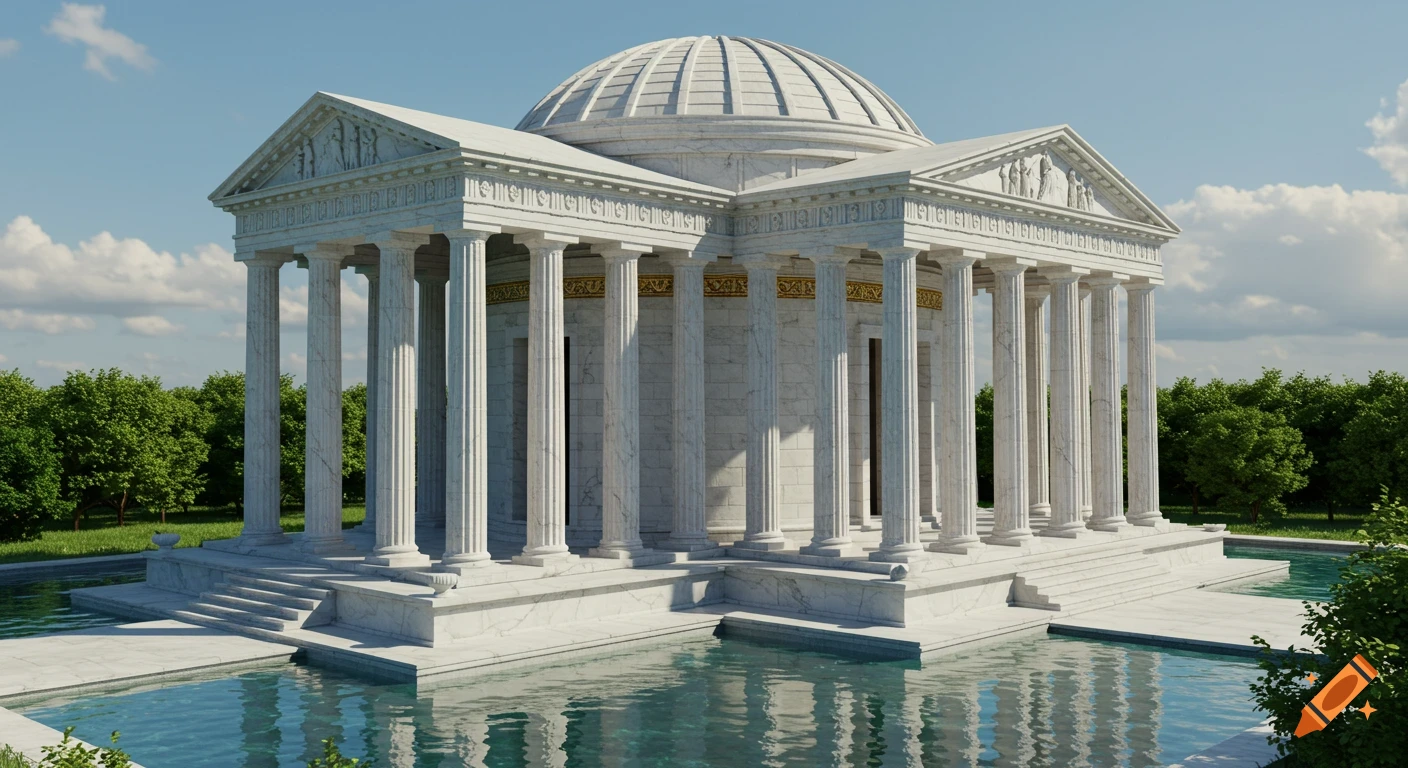 A grand white marble classical temple with Ionic columns and a domed roof, surrounded by a reflecting pool and lush green trees under a blue sky.
