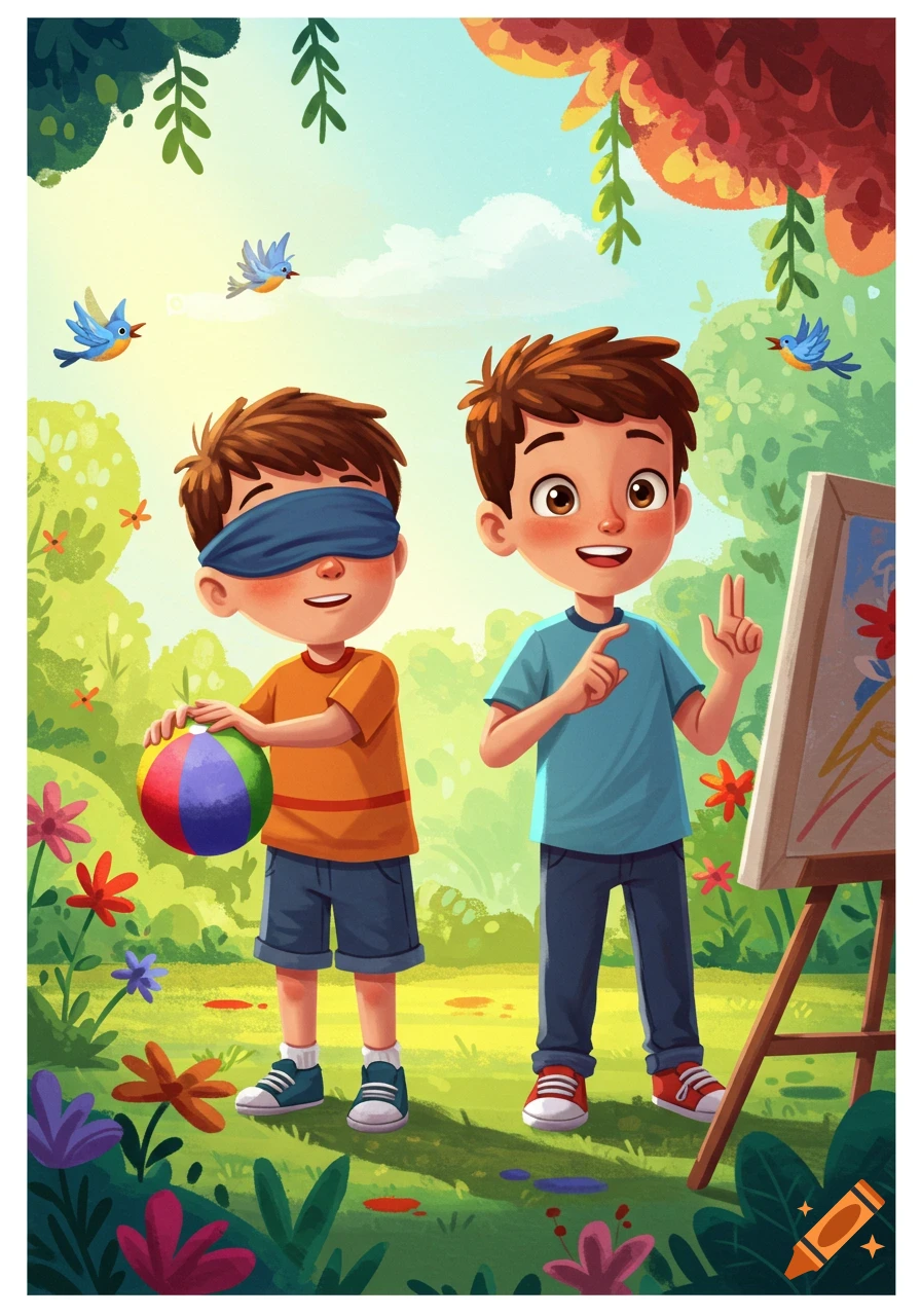 A cartoon illustration of two boys playing outdoors; one blindfolded holding a colorful ball, the other gesturing by an easel.