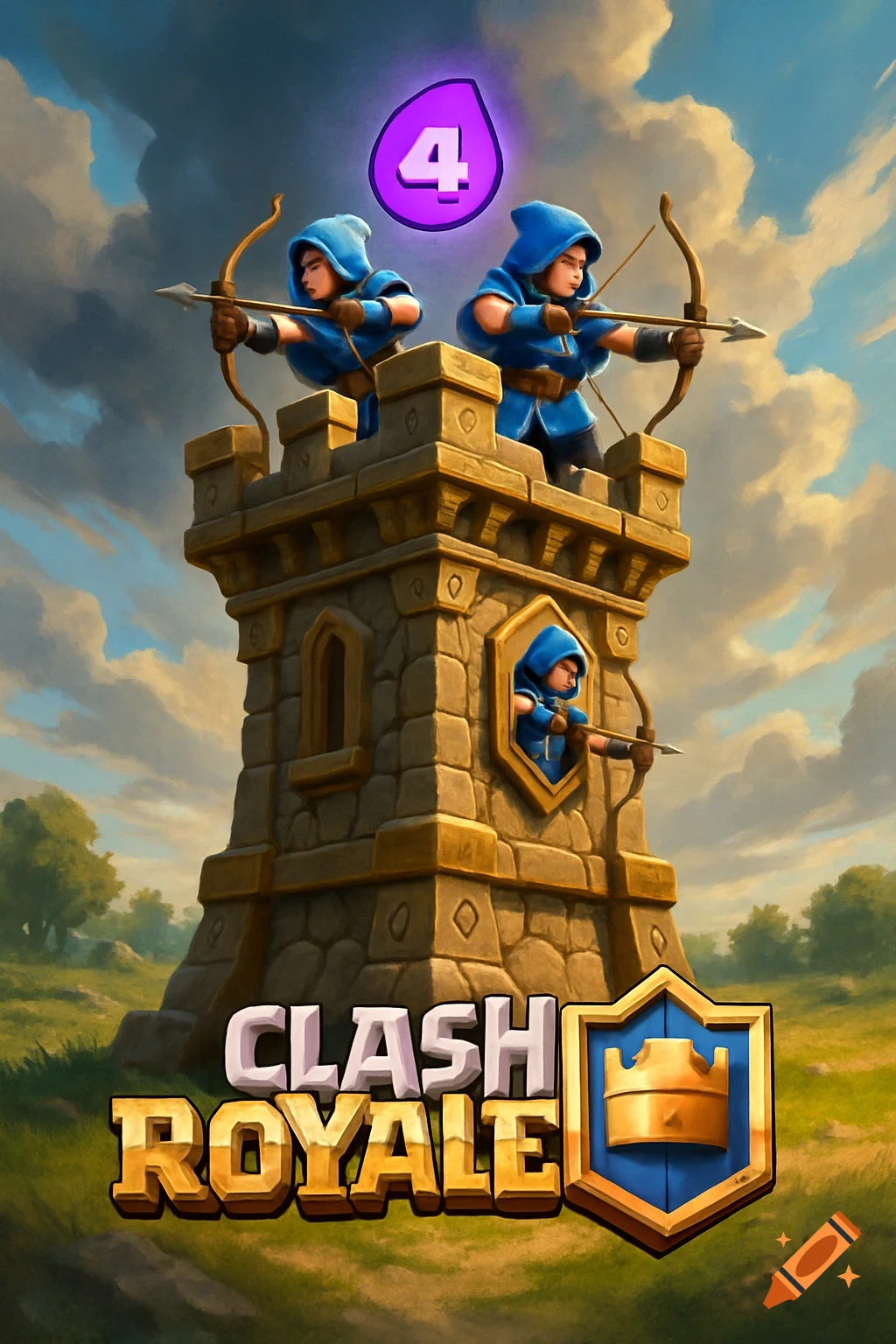 A detailed illustration of a Clash Royale Archer Tower with archers, a '4' elixir cost icon, and the 'CLASH ROYALE' logo.