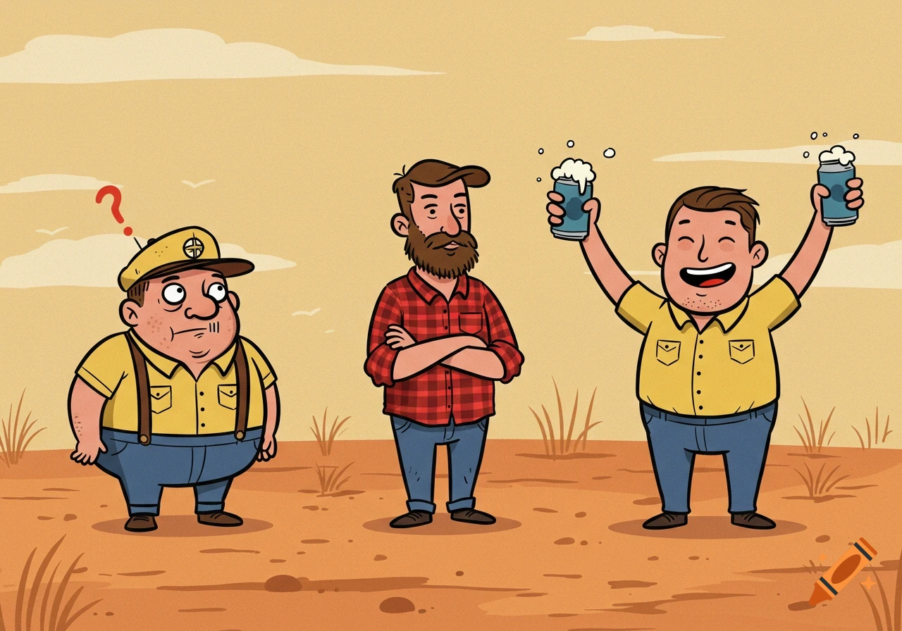 A cartoon scene in a dusty outback paddock with three men. One on the left looks confused with a question mark above his head. A man in the center has a beard and crossed arms. A happy man on the right holds two cans of beer in the air.