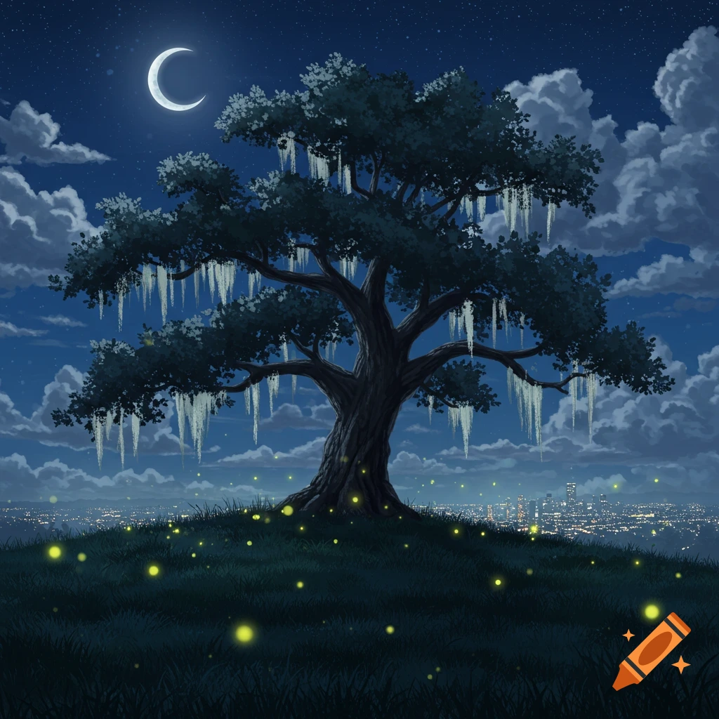 Illustrated night landscape featuring a moss-draped tree on a hill, glowing fireflies, a crescent moon, and distant city lights.
