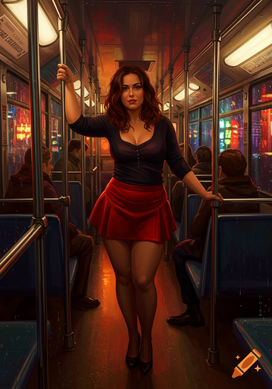 A woman with long wavy brown hair, wearing a dark top and red mini-skirt, stands in a brightly lit bus at night with city lights visible outside.