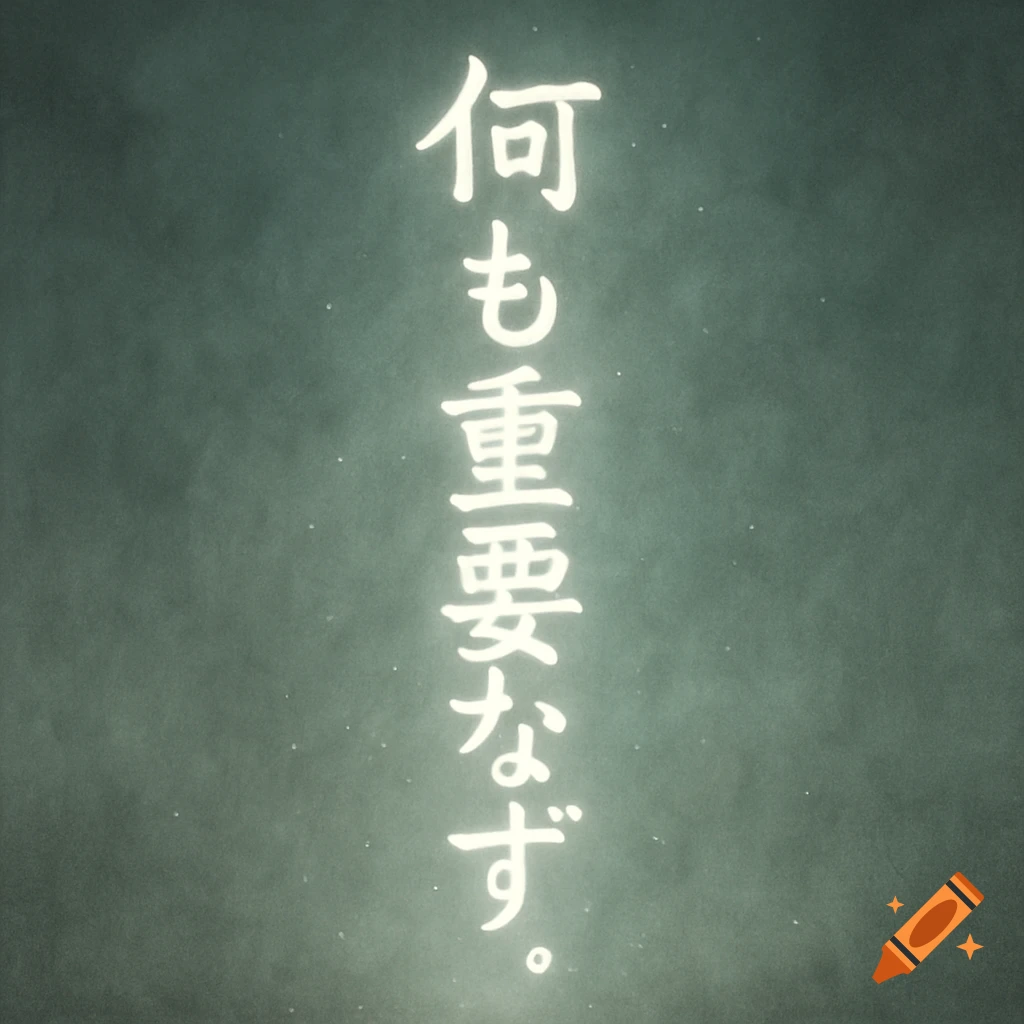 A glowing white vertical Japanese inscription reading " 何も重要ならず 。" on a dark, misty background.