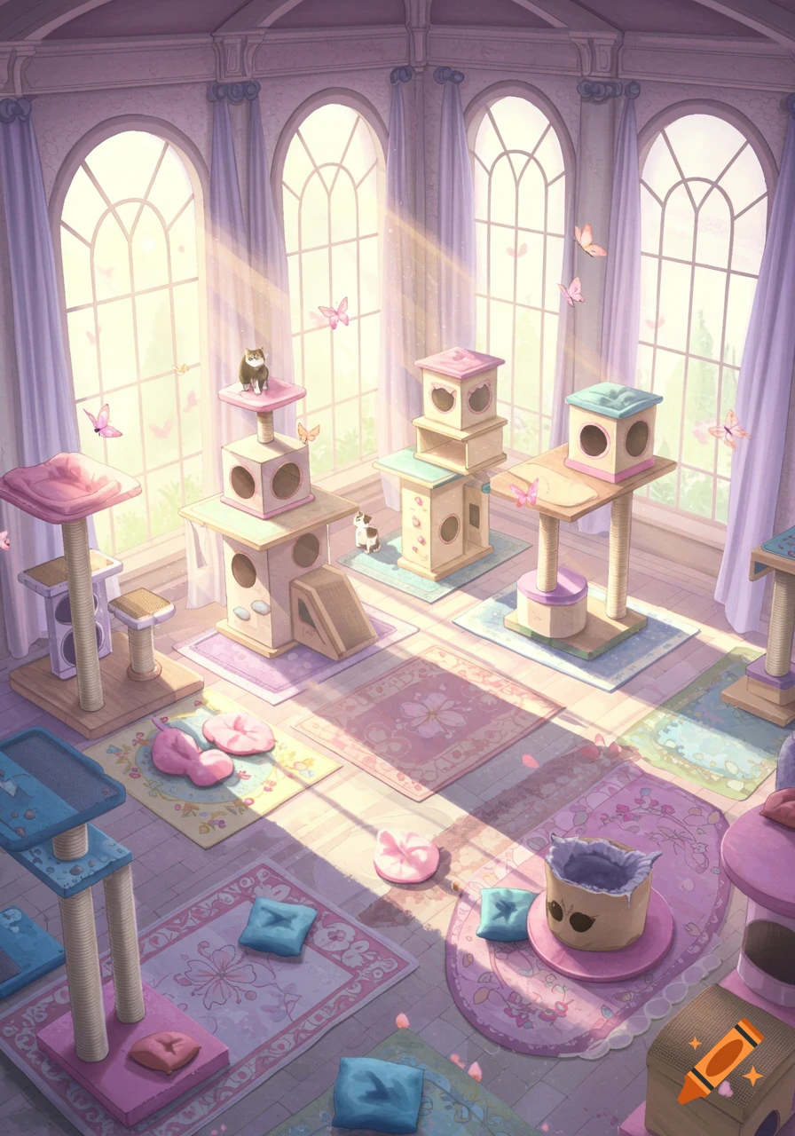 A pastel-colored cat playroom with multiple cat trees, beds, and butterflies, bathed in sunlight from large arched windows.