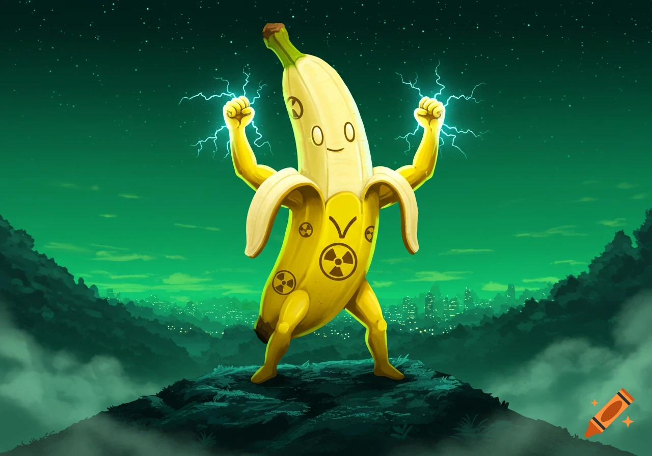 A muscled, peeled banana superhero with glowing fists and radiation symbols stands on a mountain overlooking a city at night.