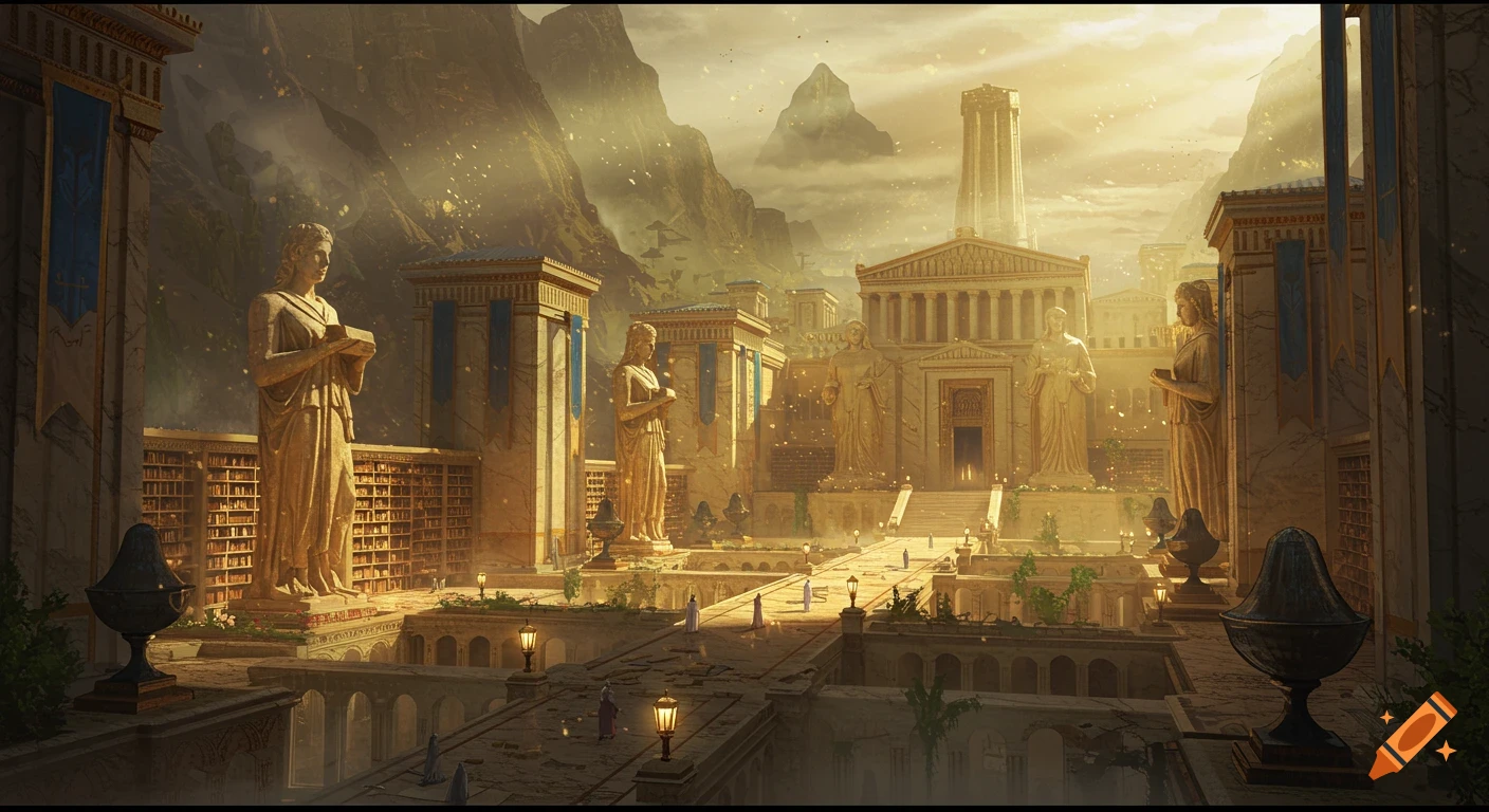 A majestic, gold and marble ancient city, Quiztropolis, with grand libraries and statues, bathed in cinematic golden light amidst misty mountains.