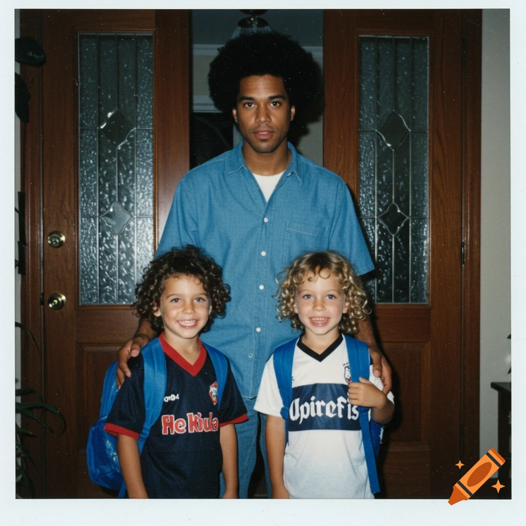 A man with an afro stands with two smiling boys in soccer jerseys and backpacks, in a vintage Polaroid photo style.