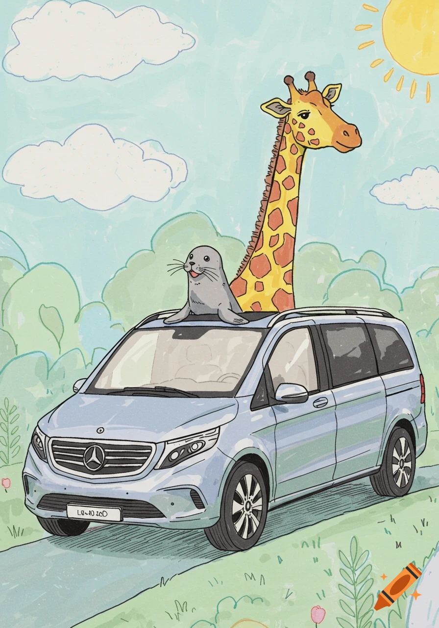 A children's drawing of a light blue Mercedes van with a seal in the sunroof and a giraffe's head sticking out of the roof, driving through a sunny, green landscape.