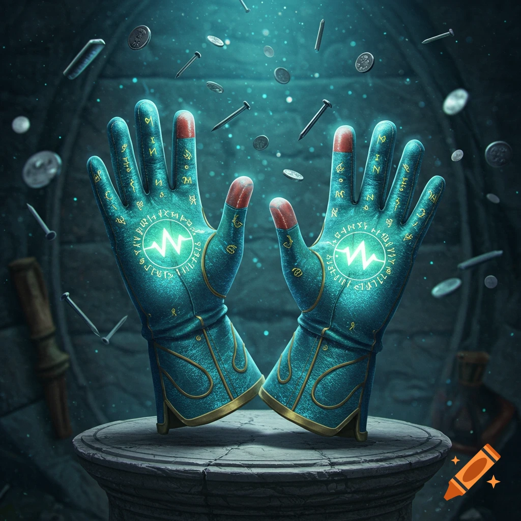 A pair of teal magical gloves with glowing runes and red fingertips, levitating over a stone pedestal. Nails and coins float around them in a dark, atmospheric room.