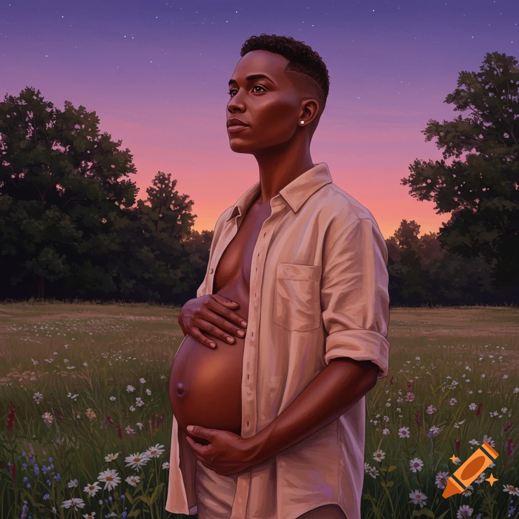 A dark-skinned pregnant person in an unbuttoned shirt stands in a field of wildflowers at sunset in a painterly style.