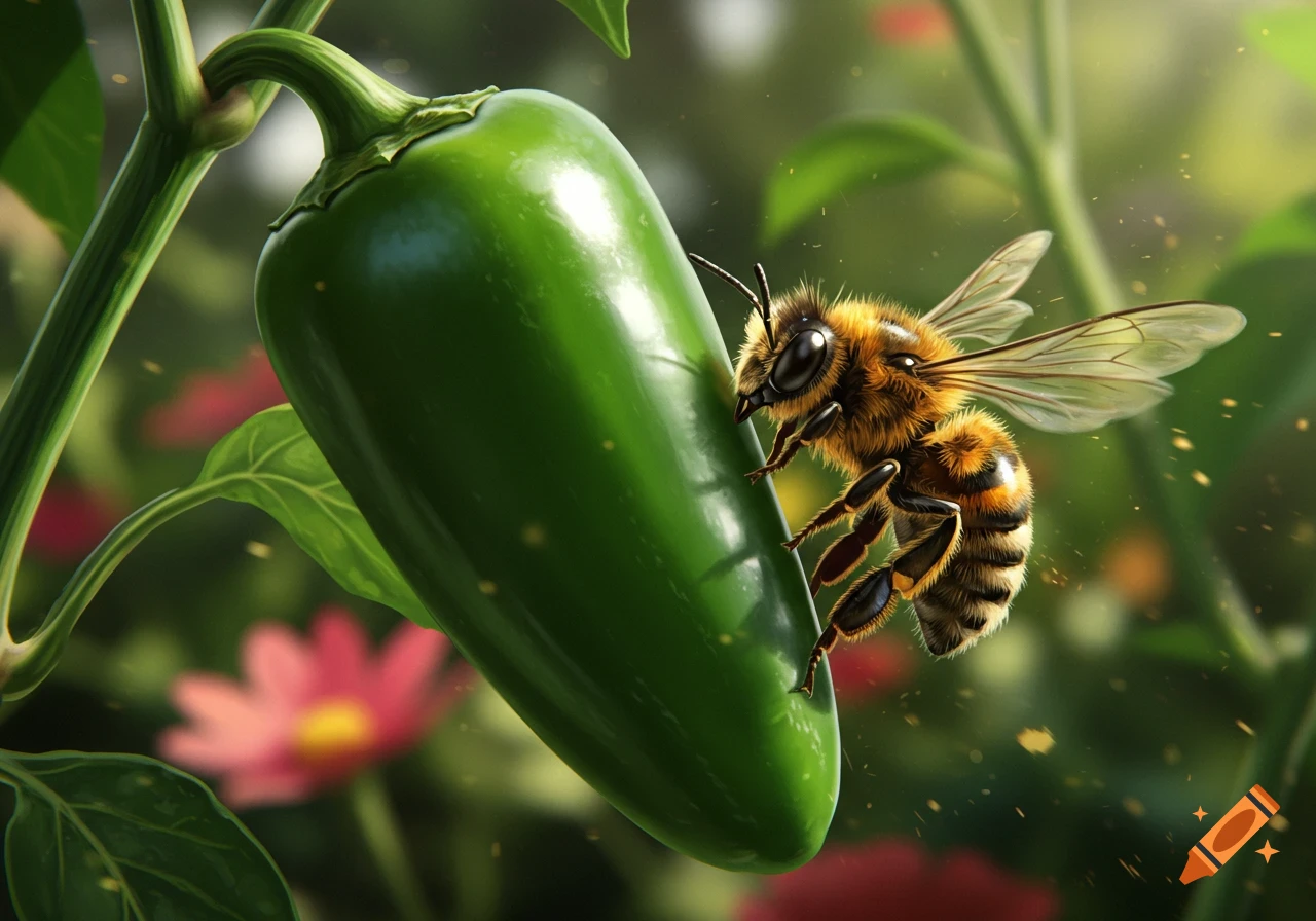 A fuzzy honeybee clings to a vibrant green jalape yo pepper on its stem in a sunny garden, photorealistic style.