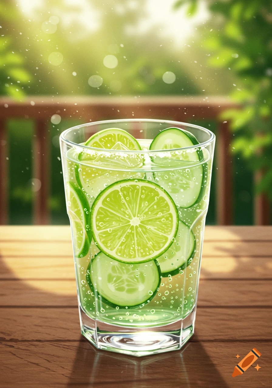 A refreshing glass of sparkling water with lime and cucumber slices on a wooden table, with a sunny, blurred green outdoor background.