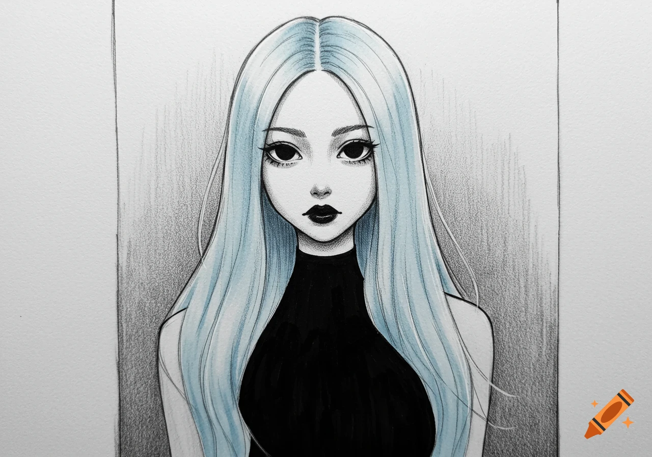 Hand-drawn illustration of a girl with light blue hair, black eyes, and a black turtleneck.