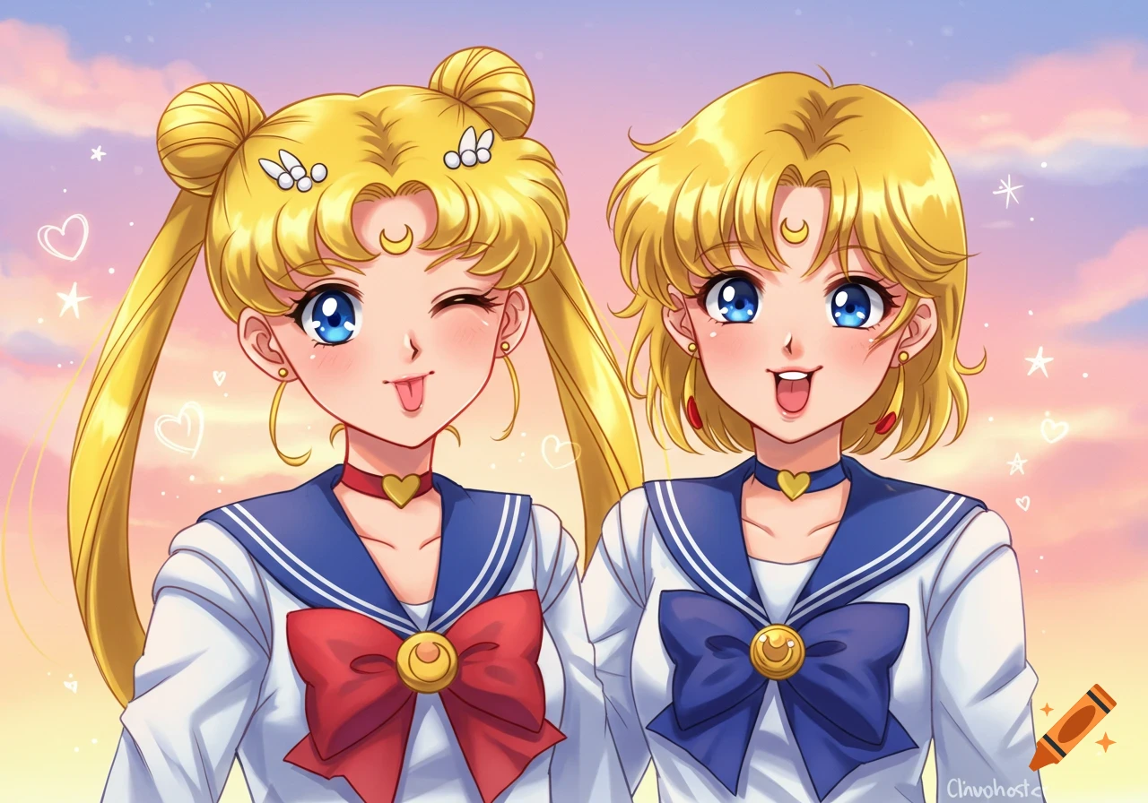 Two anime girls resembling Sailor Moon and Sailor Venus in school uniforms make silly faces against a pastel sky with hearts and stars.